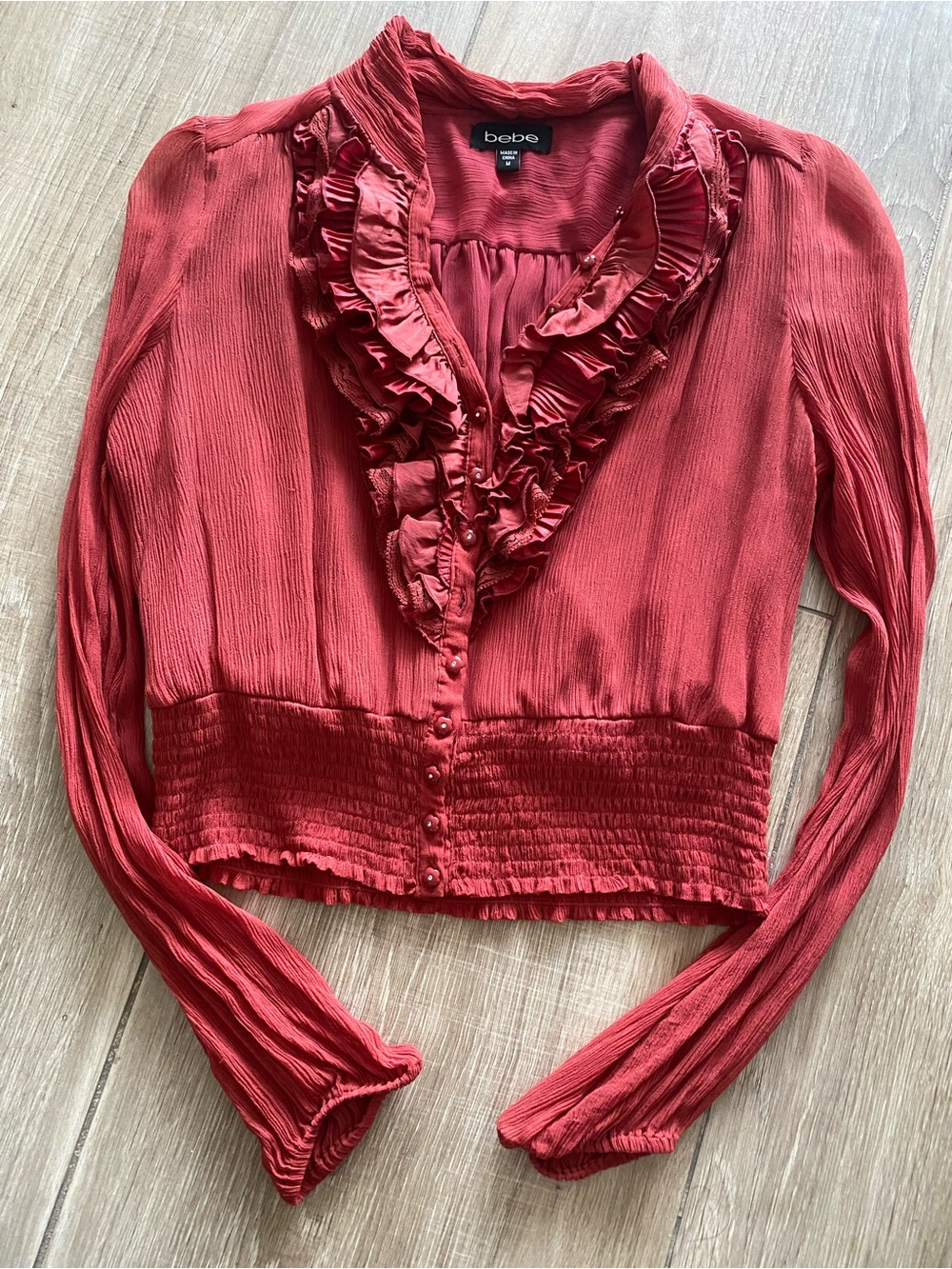 bebe Rust Red Ruffle-Front Long Sleeve Crop Blouse